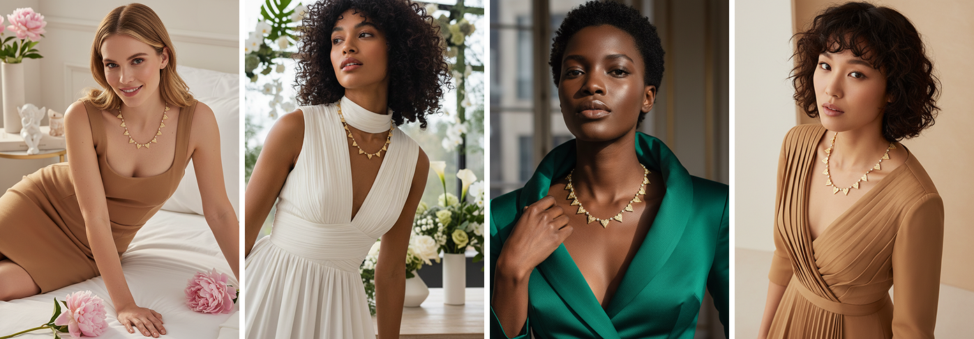 Jewelry displayed on diverse models showing different skin tones and styling options